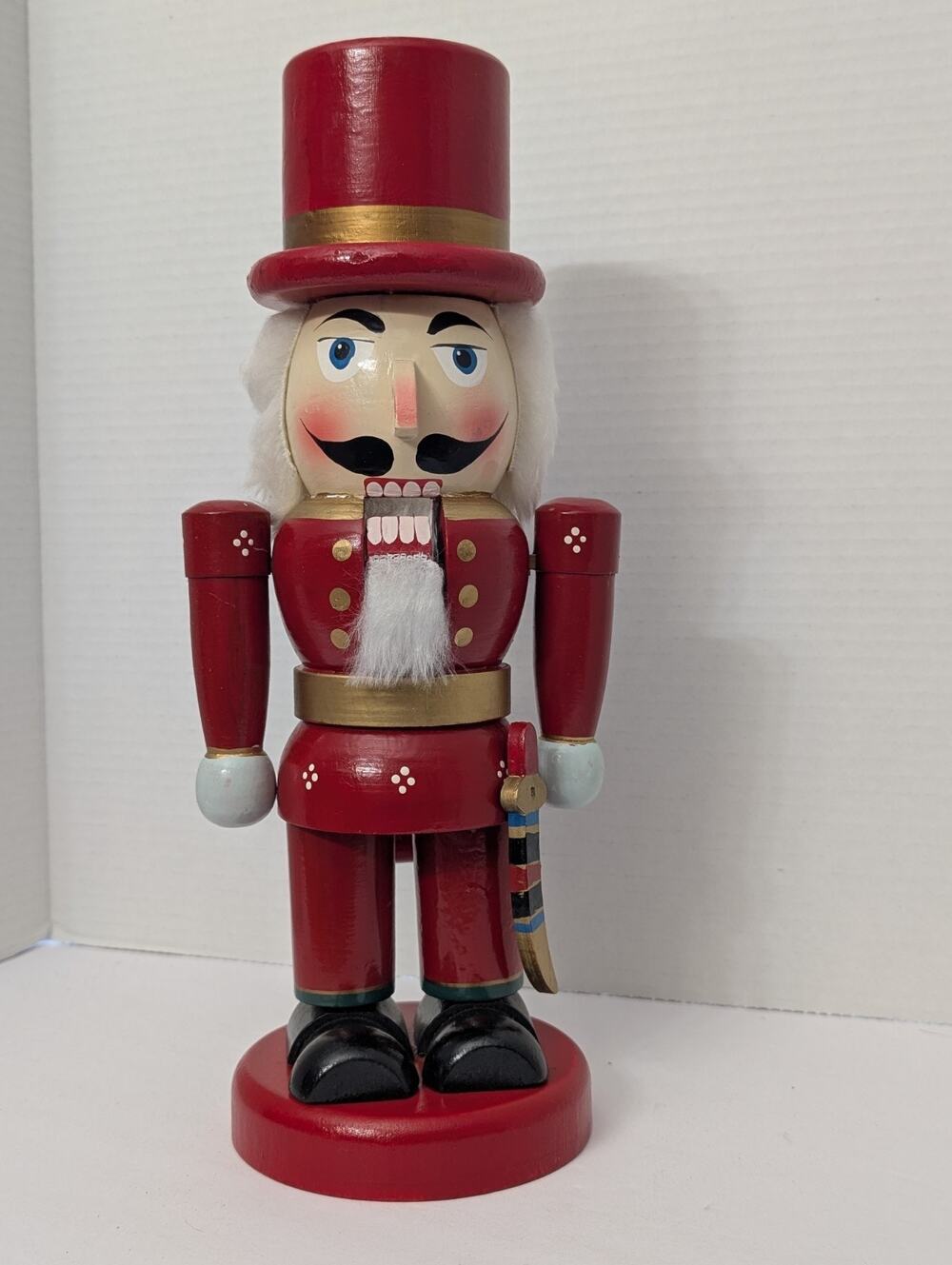 Vintage Wooden Nutcracker Figure 13 Inch Red Coat Top Hat Sword Hand Painted